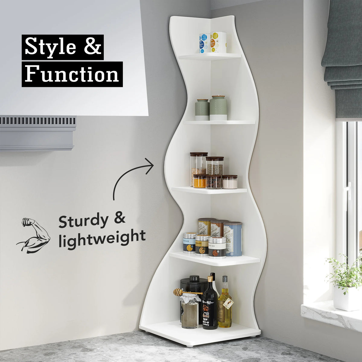 Tribesigns Modern Corner Bookshelf, Five Tier Wall Storage Shelf