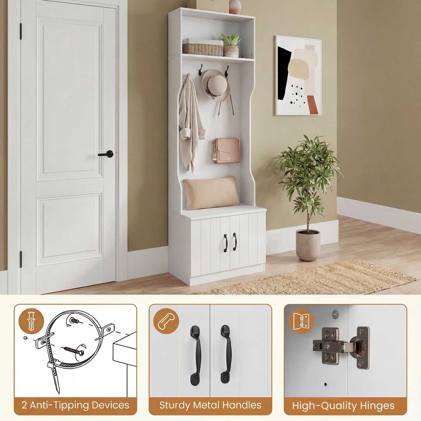 3-in-1 Hall Tree w/ Bench Storage Adjustable Shelves Hanging Hooks for Entryway