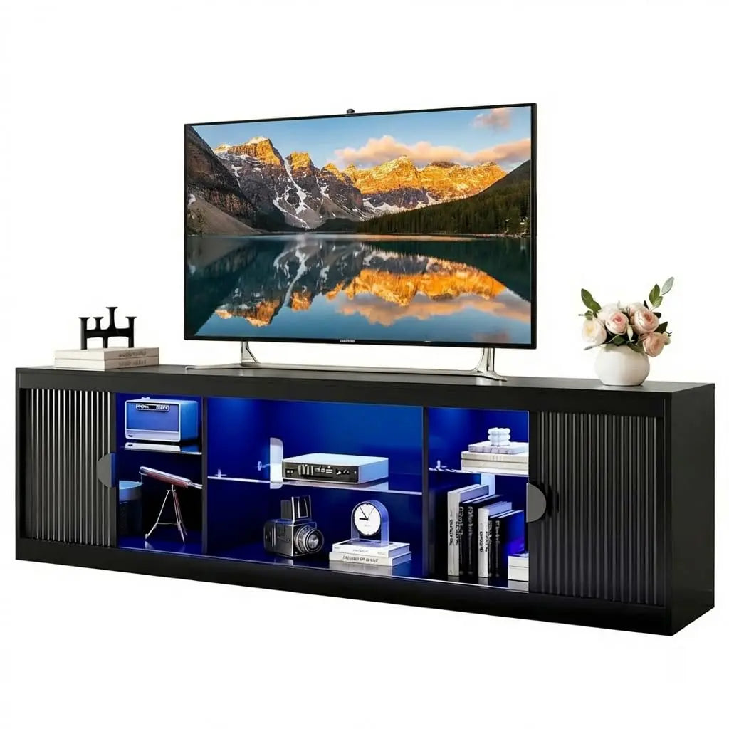 70" Fluted TV Stand Modern Entertainment Center with LED Lights, Adjustable Glass Shelves & Storage Cabinet, Media ConsoleCustom