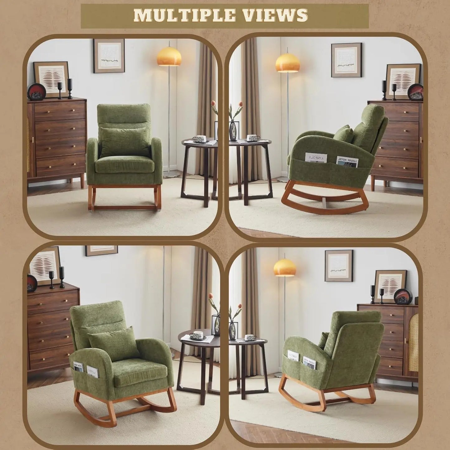 Olive Chenille Rocking Chair Nursery with Thick Headrest, Upholstered Mid-Century Modern Nursing Rocker Glider with, Customized