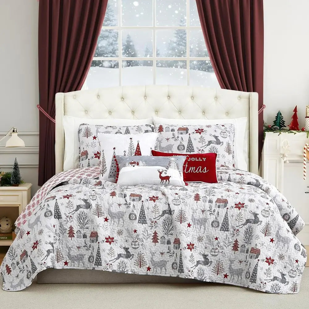 Holly Jolly Chrisas Quilt Set with day Throw Pillows and Shams, Sot day Bedding Set or Queen/ull Size Bed, 6-Piece w/Chrisas Tre