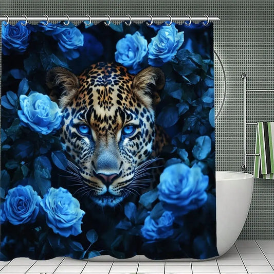 Roses Leopard Pattern Shower Curtain Set With Bath Mat UShaped