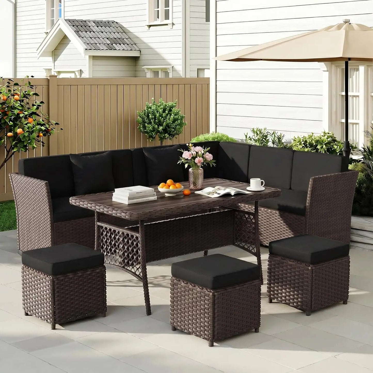 7 Pieces Patio Furniture Set, Outdoor Patio Furniture, Wicker Conversation Set with Dining Table, Chairs and Ottoman, Custom