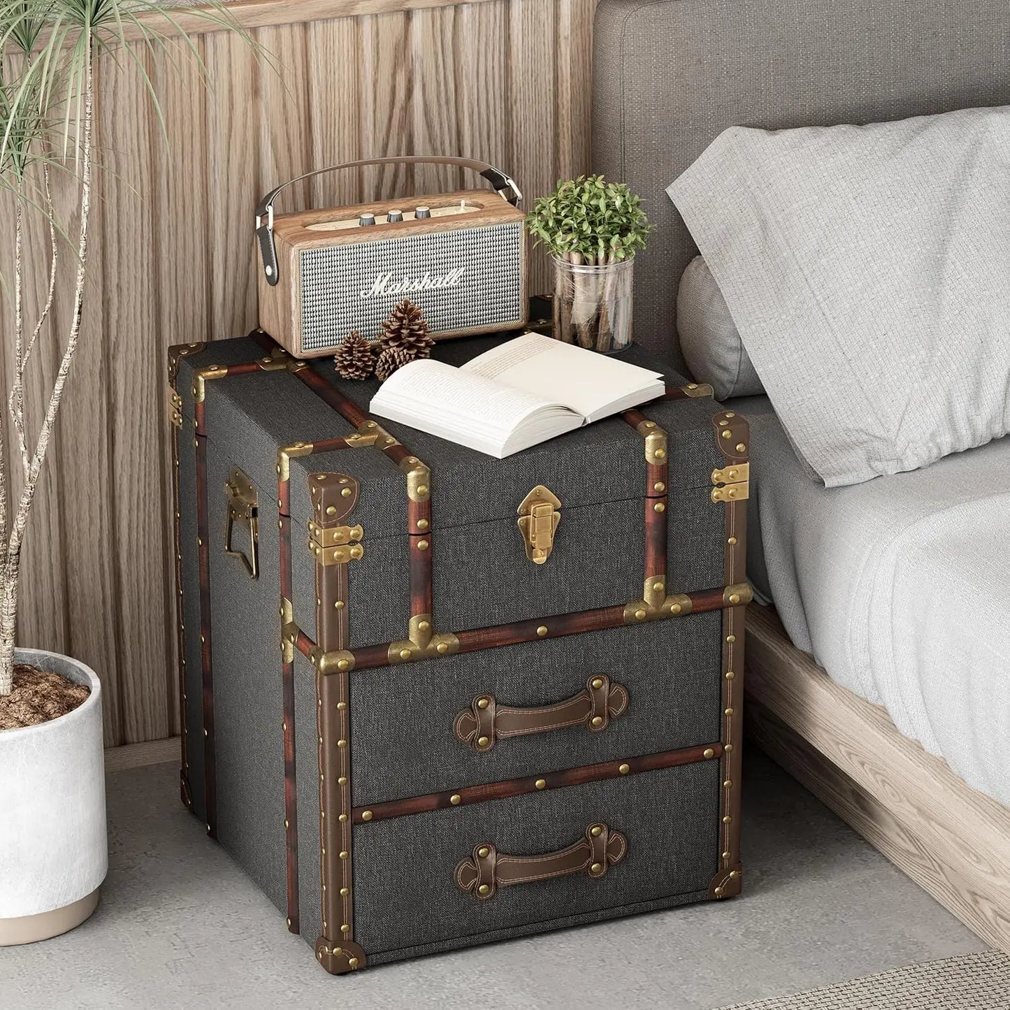 MOYU Vintage Storage Chest Buckle Hinged Top Wood End Table