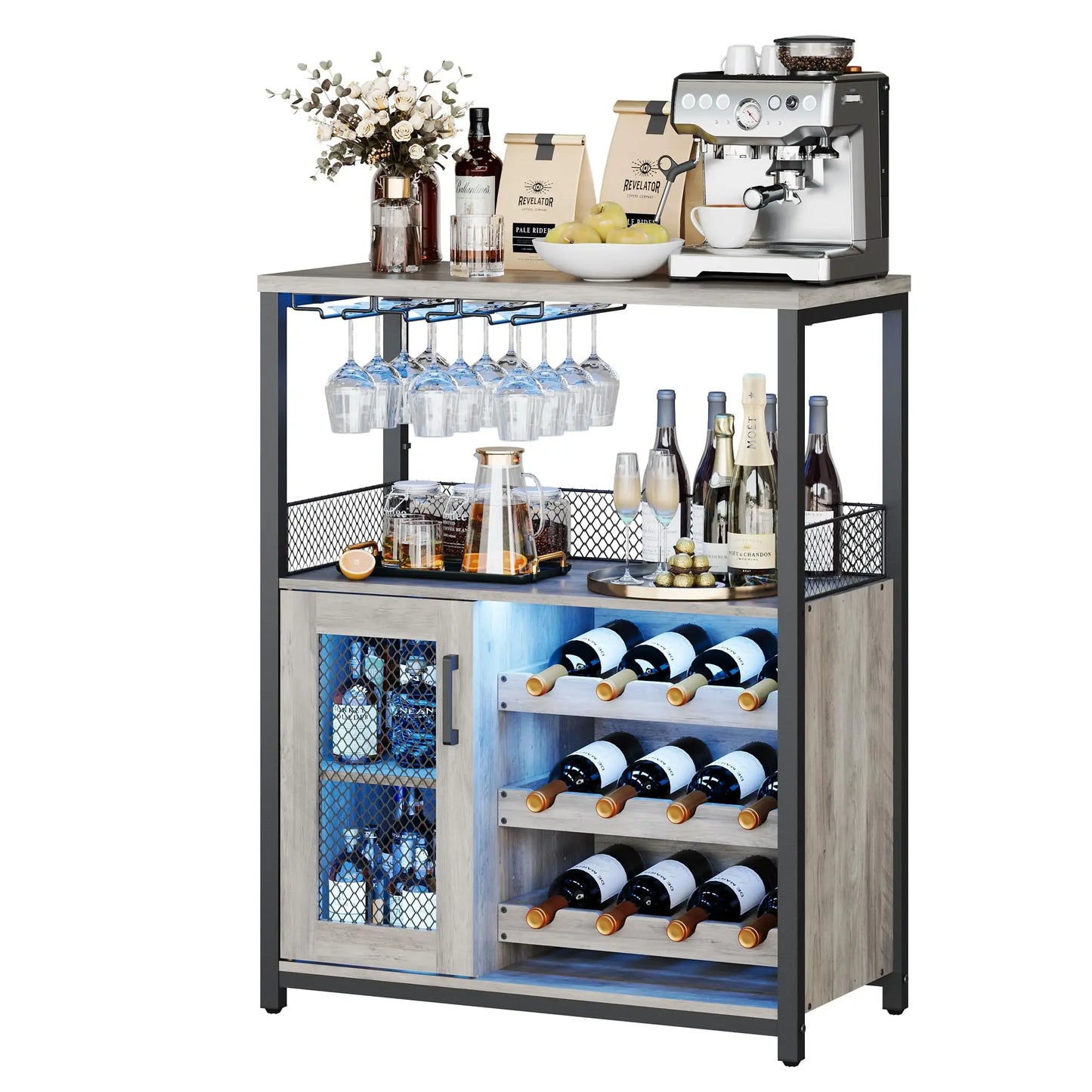 HiMISS Vintage 3 Tier Wine Bar Cabinet With Adjustable Shelves Glass Holders