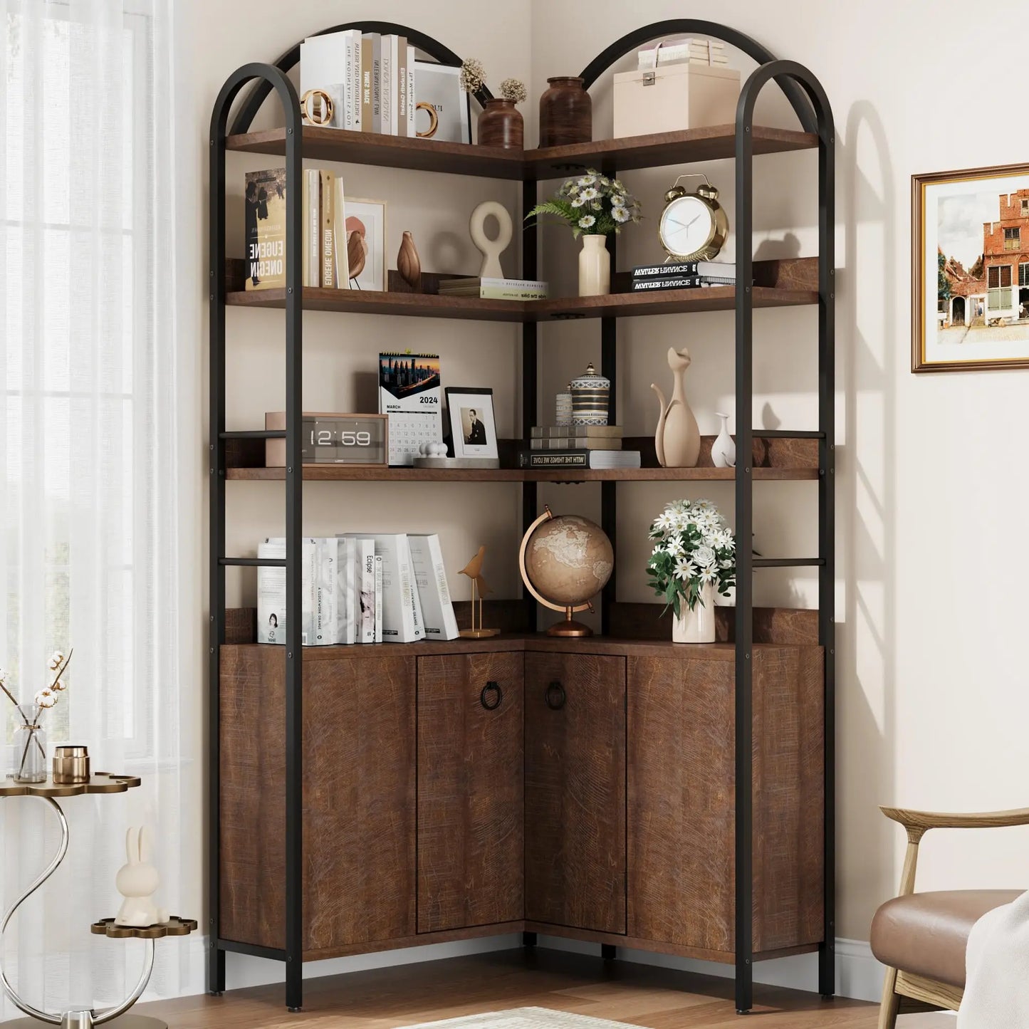 74" Tall 6-Tier Arched Corner Bookshelf - L-Shaped Corner Bookcase with Cabinet Doors - Rustic Metal & Wood Corner Storage Shelf Unit for Home Office/Living Room