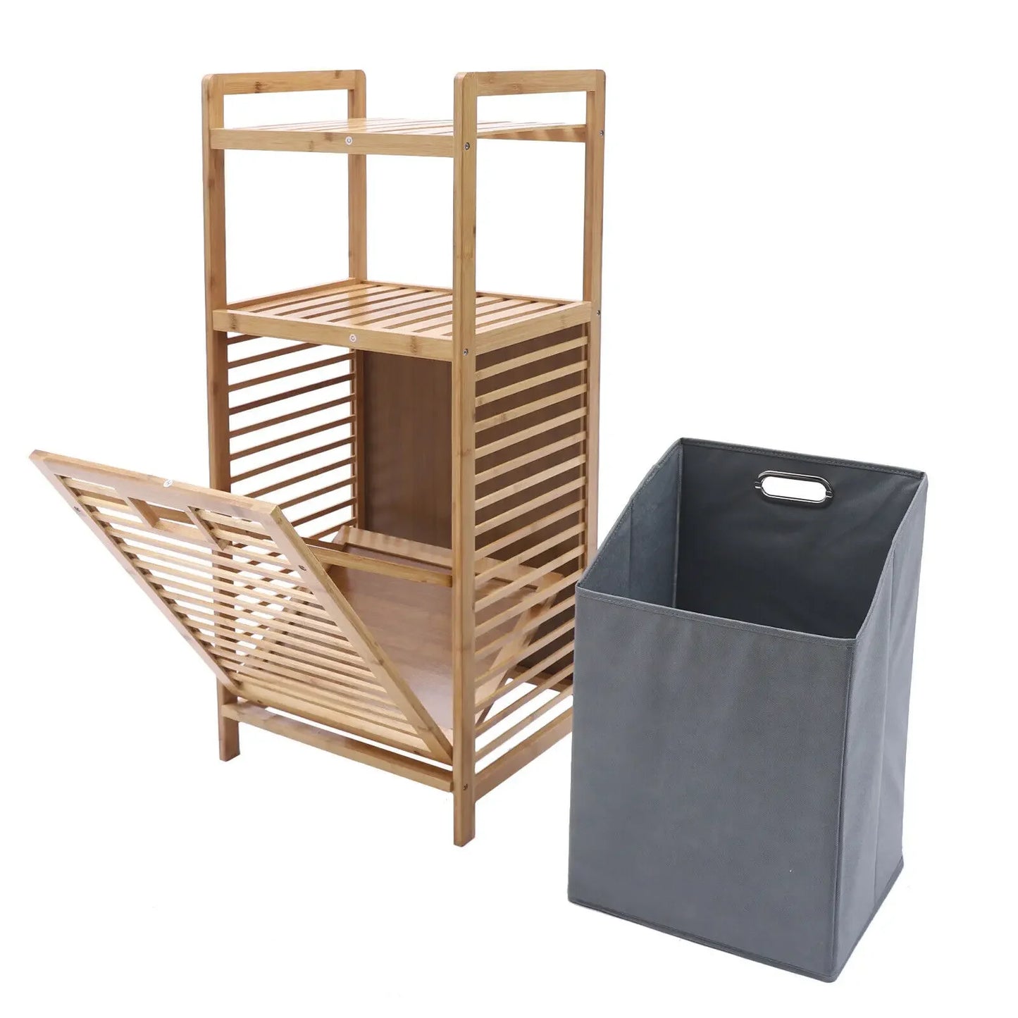 Tilt-Out Bamboo Laundry Hamper Cabinet With 2-Tier Shelf