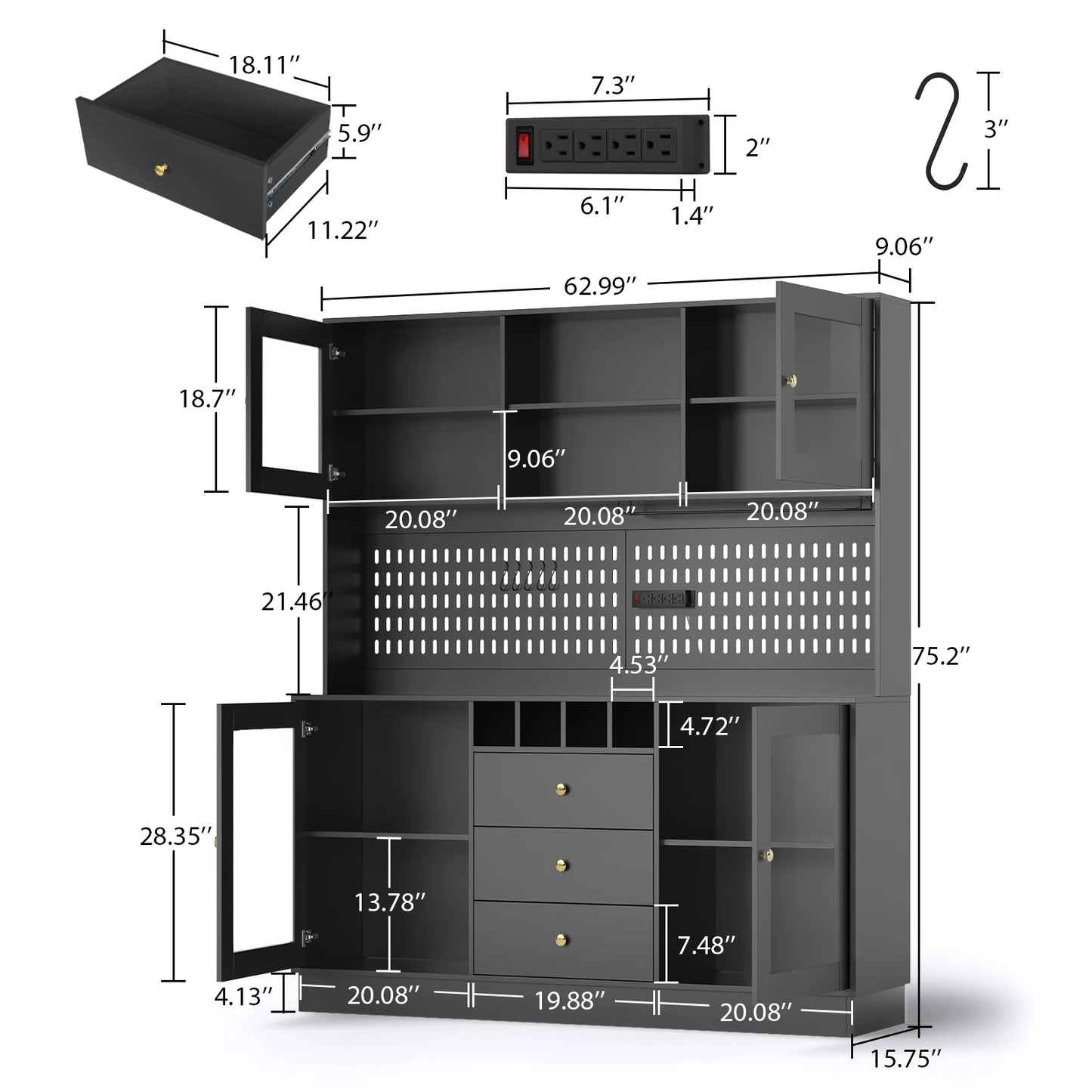VOWNER Pantry Cabinet Freestanding Kitchen Storage Buffet Hutch With Pegboard