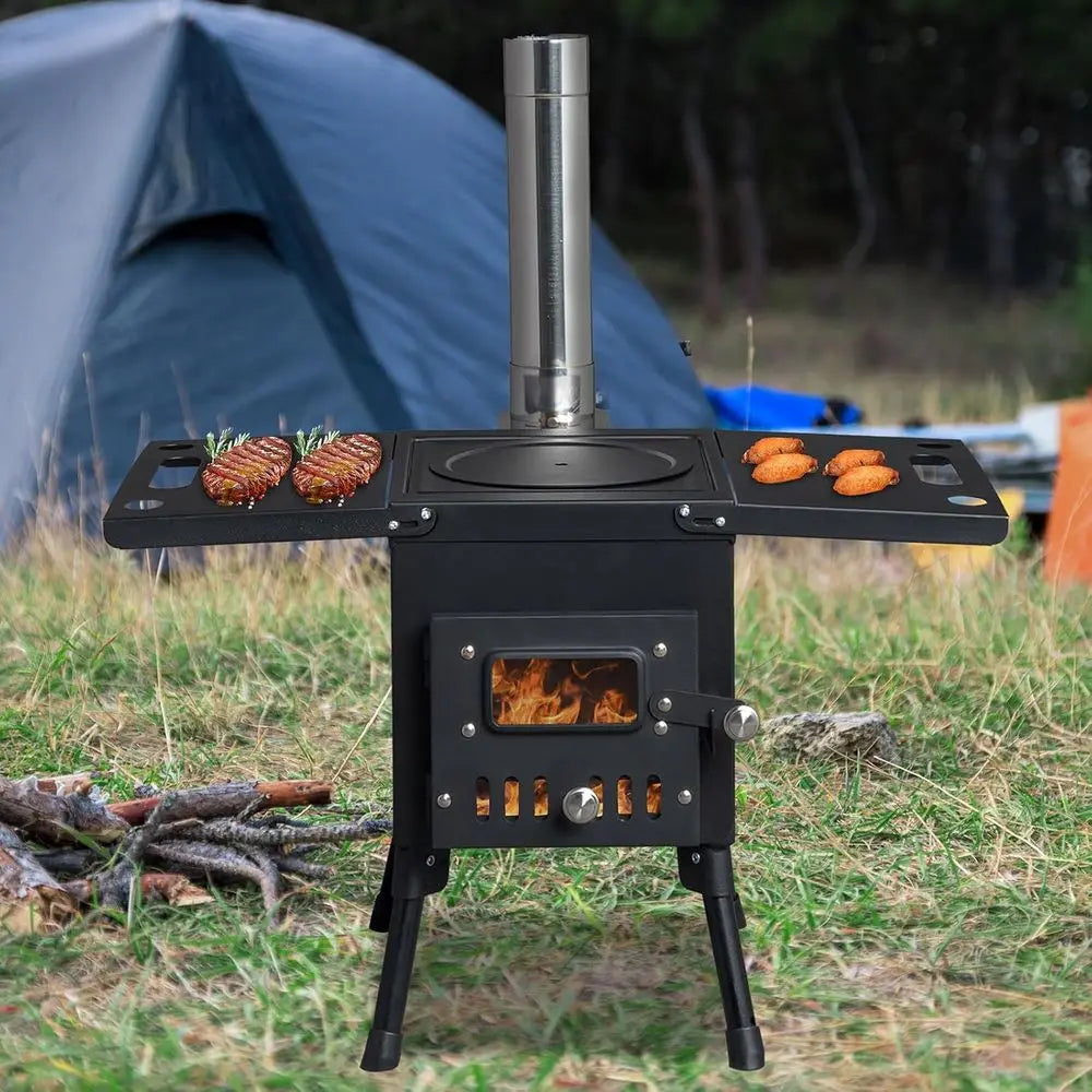 22.6in Outside Iron Camp Stove,olding Wood Burning Camping Stoves,Portable Camping Rocket Stoves,Outdoor Hot Tent Stove,with Chi