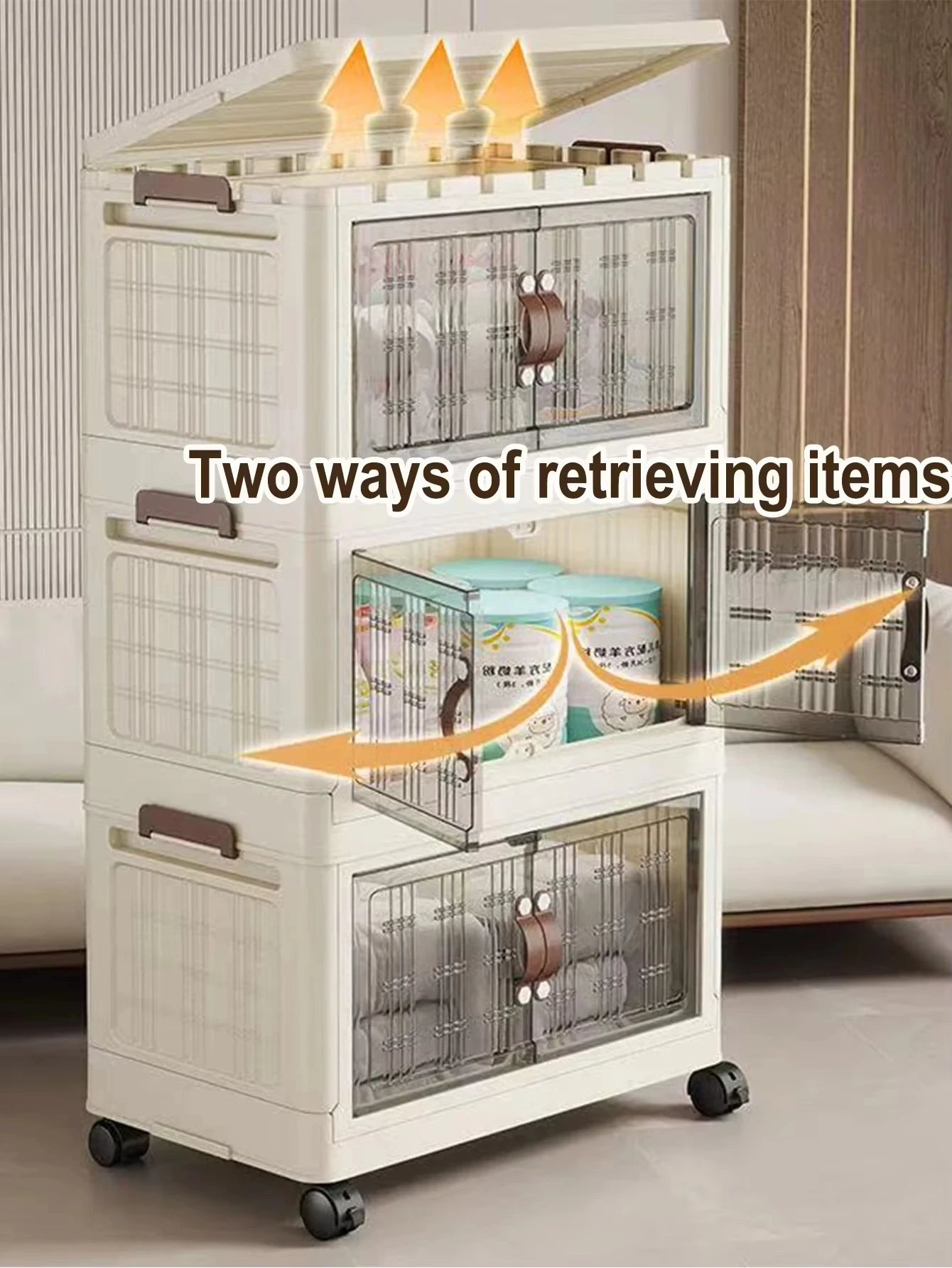 Stackable Plastic Storage Cabinet with Doors and Wheels for Bedroom