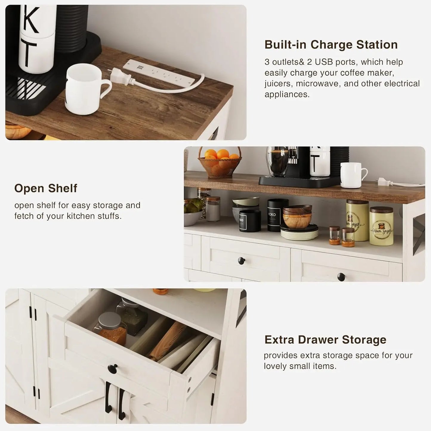 Farmhouse Buffet Cabinet With Drawers And Open Shelf Kitchen Hutch