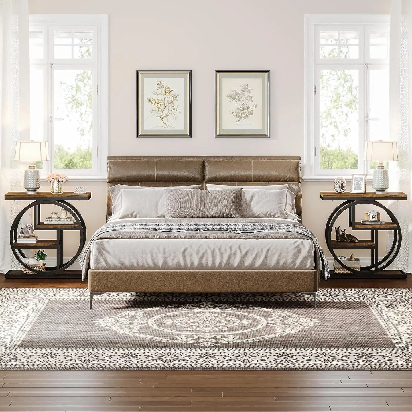 End Table Set of 2, 4-Tier Narrow Side Table with Storage Shelves, Wood Small Sofa Side Table with Geometric Metal, Customized