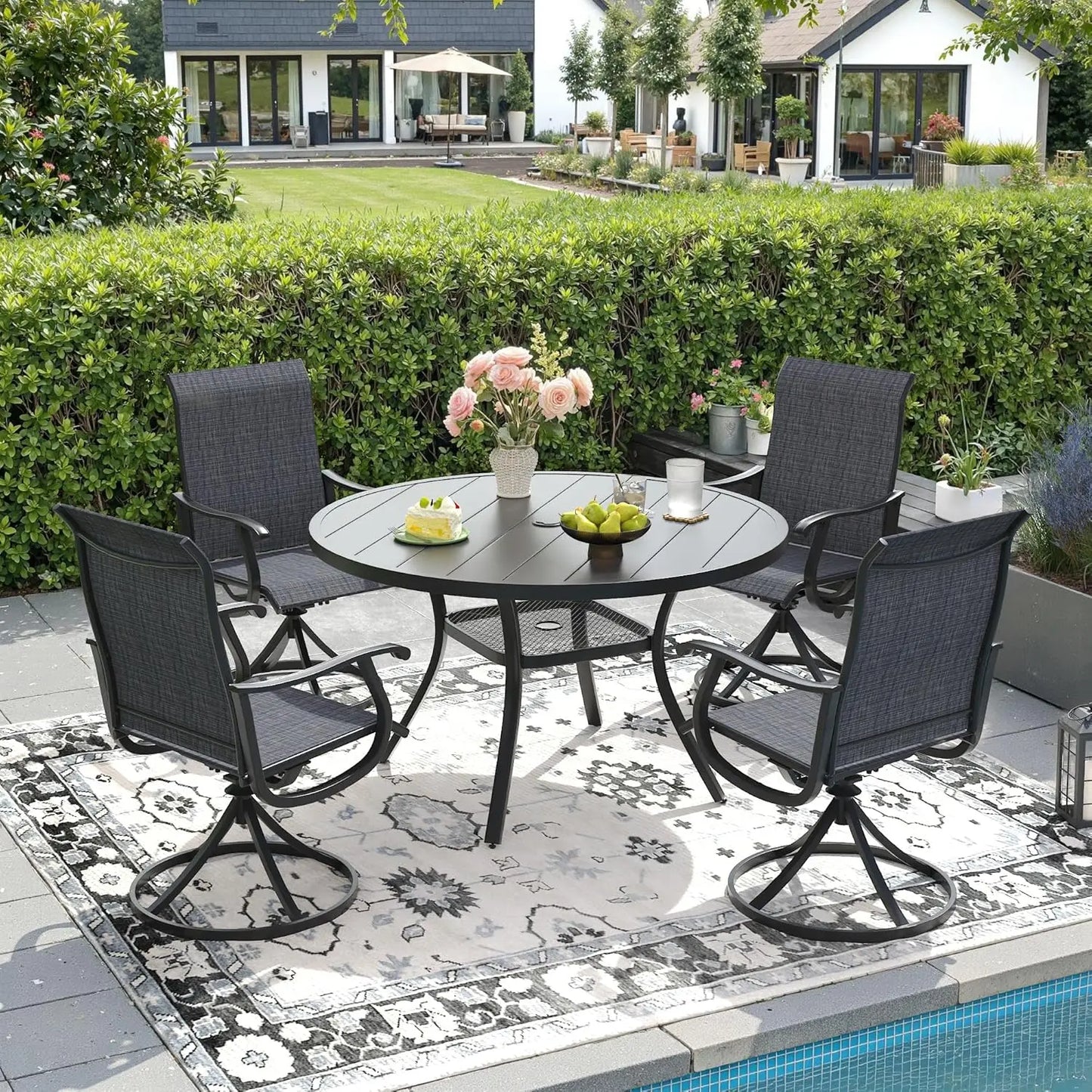 Outdoor Patio Dining Set With Four Textilene Swivel Chairs And Round Table