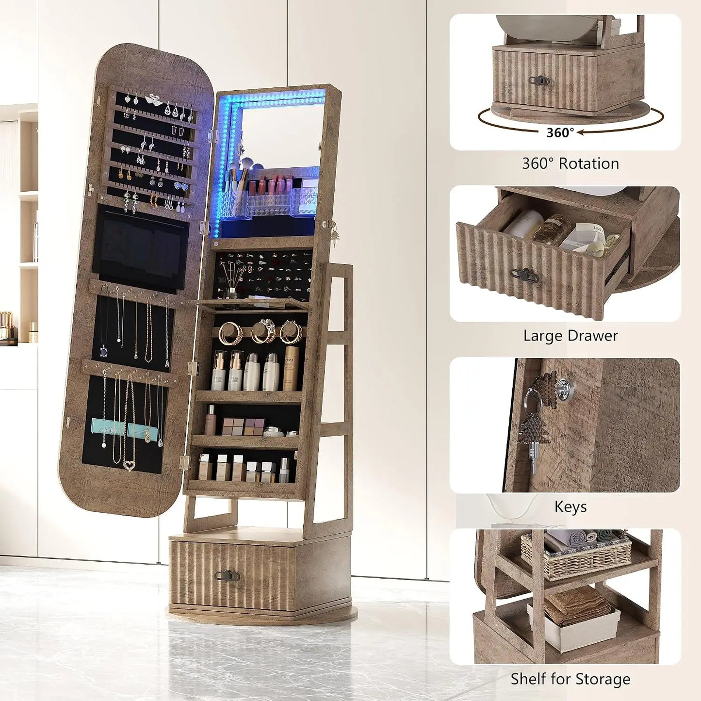 360°Swivel jewelry organizer with Full Length Mirror with Lights,Jewelry Armoires Cabinet Standing with Drawer,Large, Custom