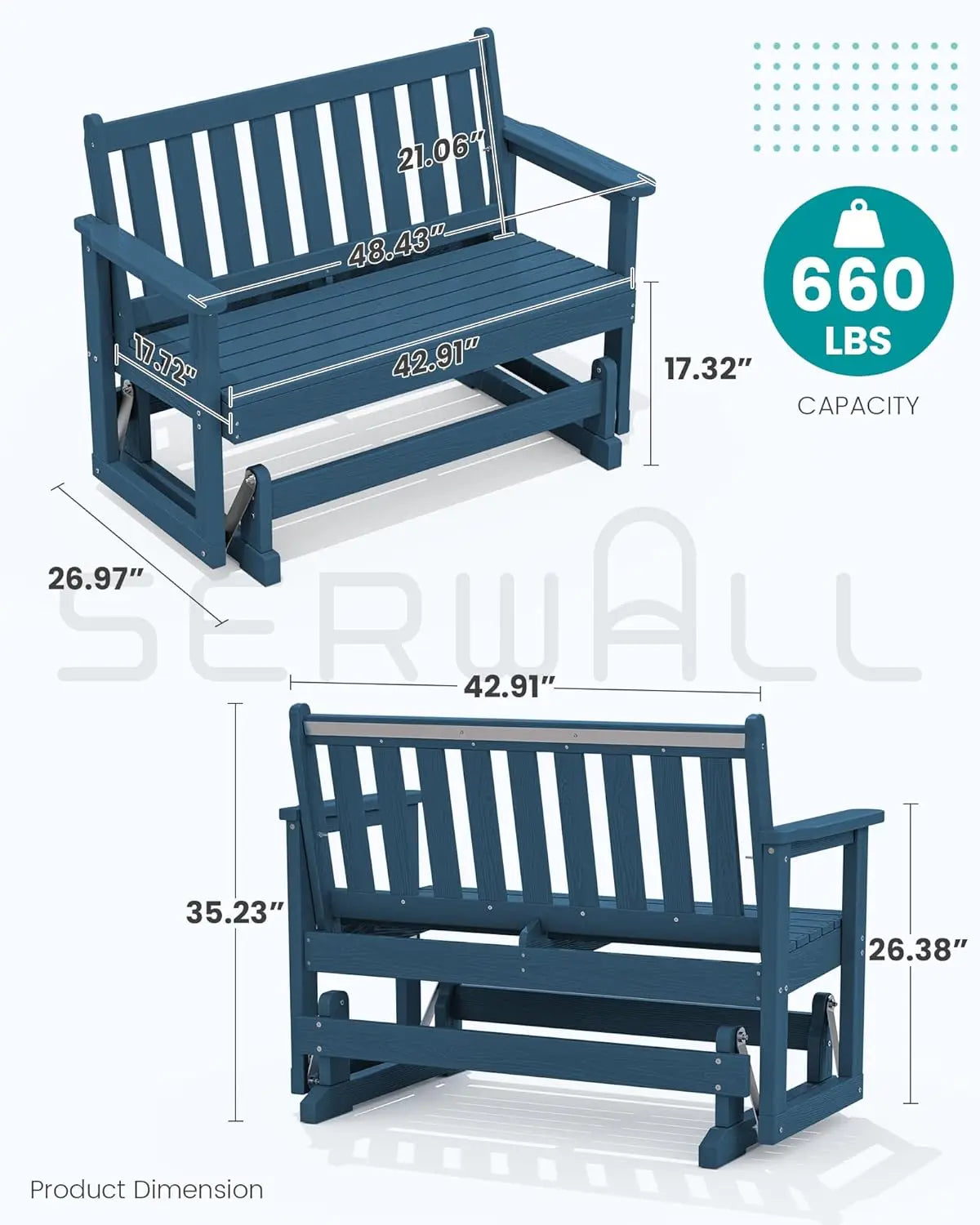 Heavy Duty HDPE Glider Bench All Weather Swinging Seat Porch Garden 660LBS Capacity Deep Navy, Custom