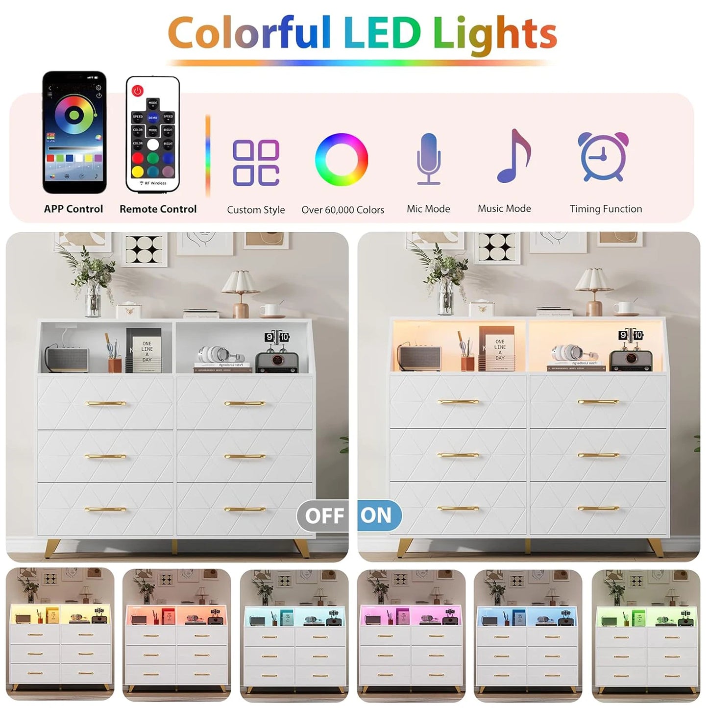 6 Drawers Dresser with LED Light and Power Outlet, Wood Dressers for Bedroom Chests of Drawers for Living Room Entryway Hallway