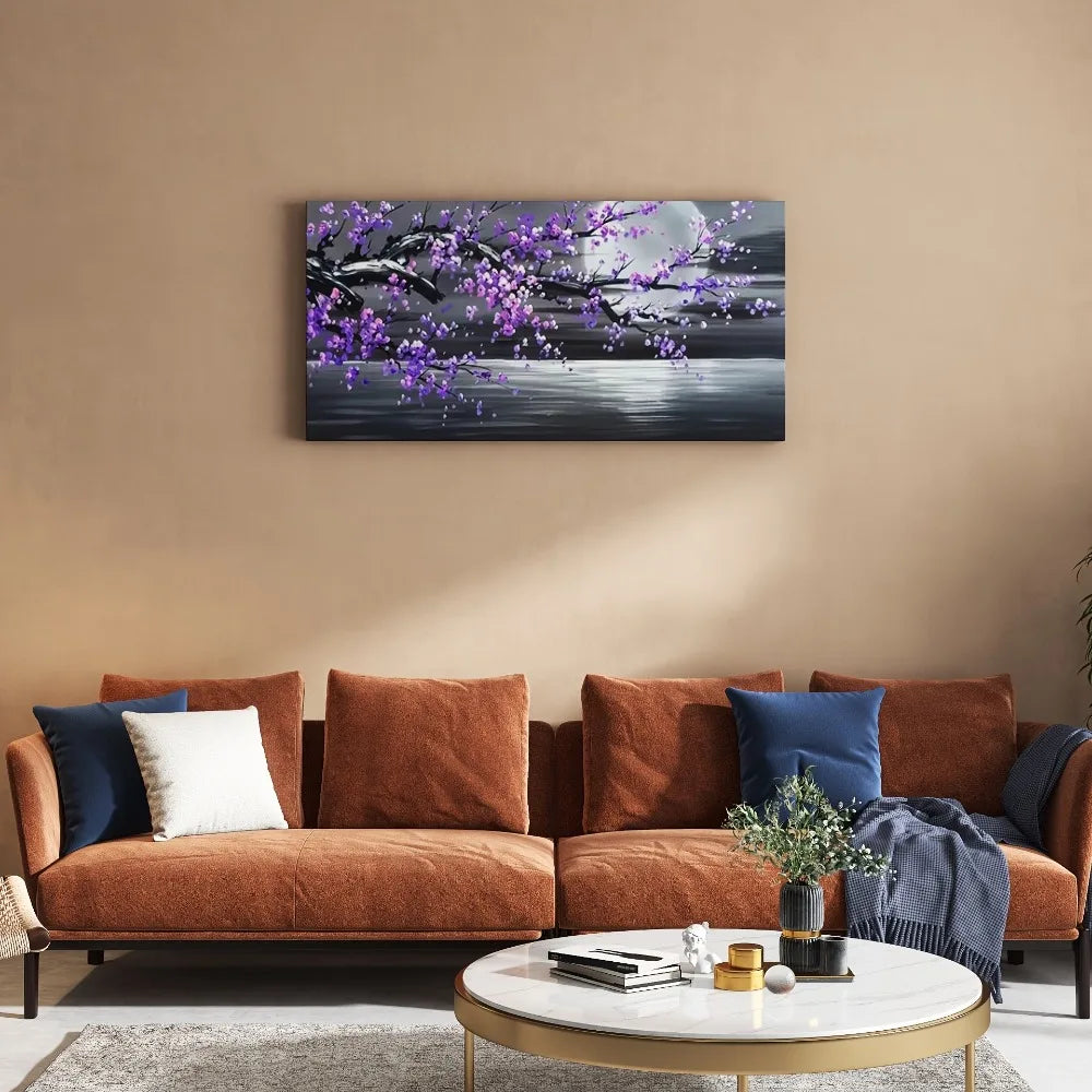 Modern abstract 1 1.5-inch thick pine wood frame large mural, purple flower and full moon design, interior decoration