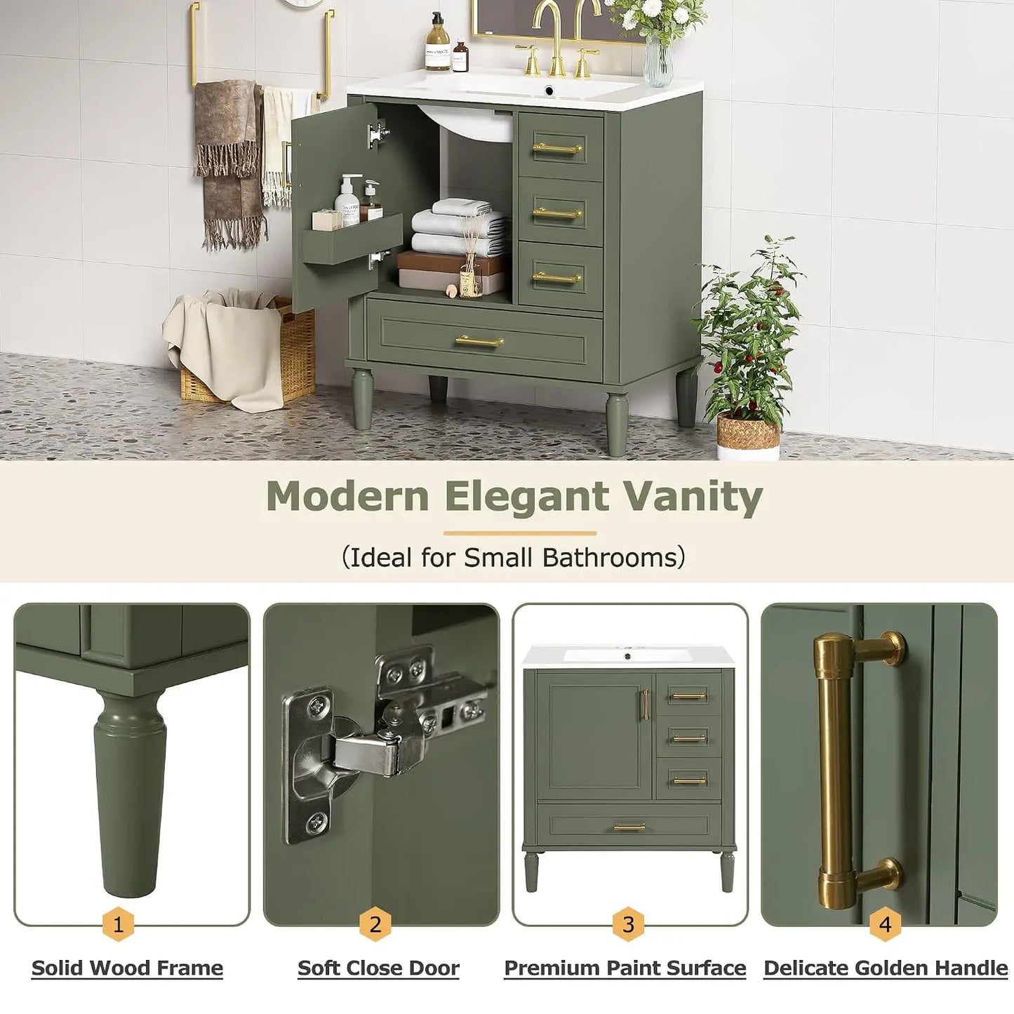30" Bathroom Vanity with Ceramic Sink, Modern Freestanding Storage Cabinet with Sink Suite Set, Soft Closing Door,, Custom