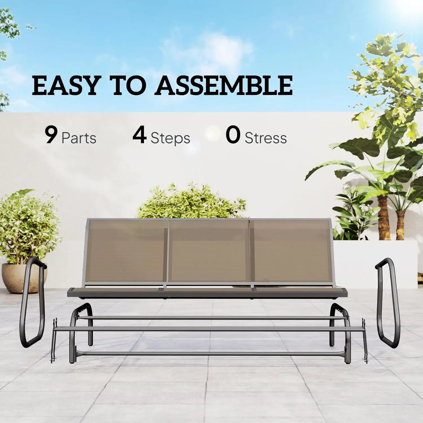 3-Seat Patio Glider Bench Outdoor Swing Breathable Mesh Metal Frame Light Brown Custom