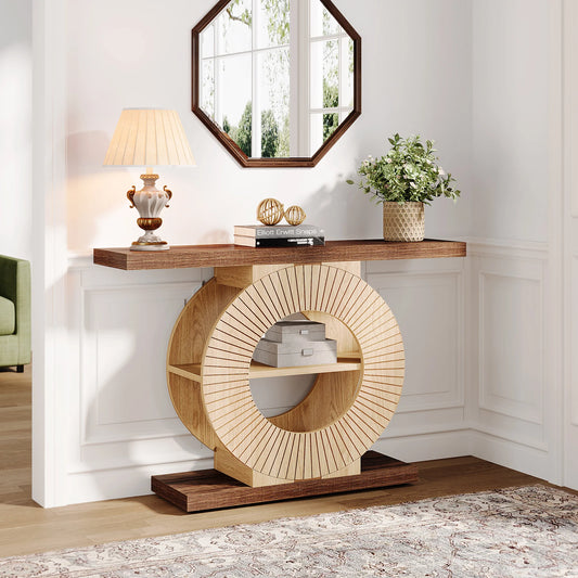 Tribesigns Modern Console Table With Storage Shelves And Round Base
