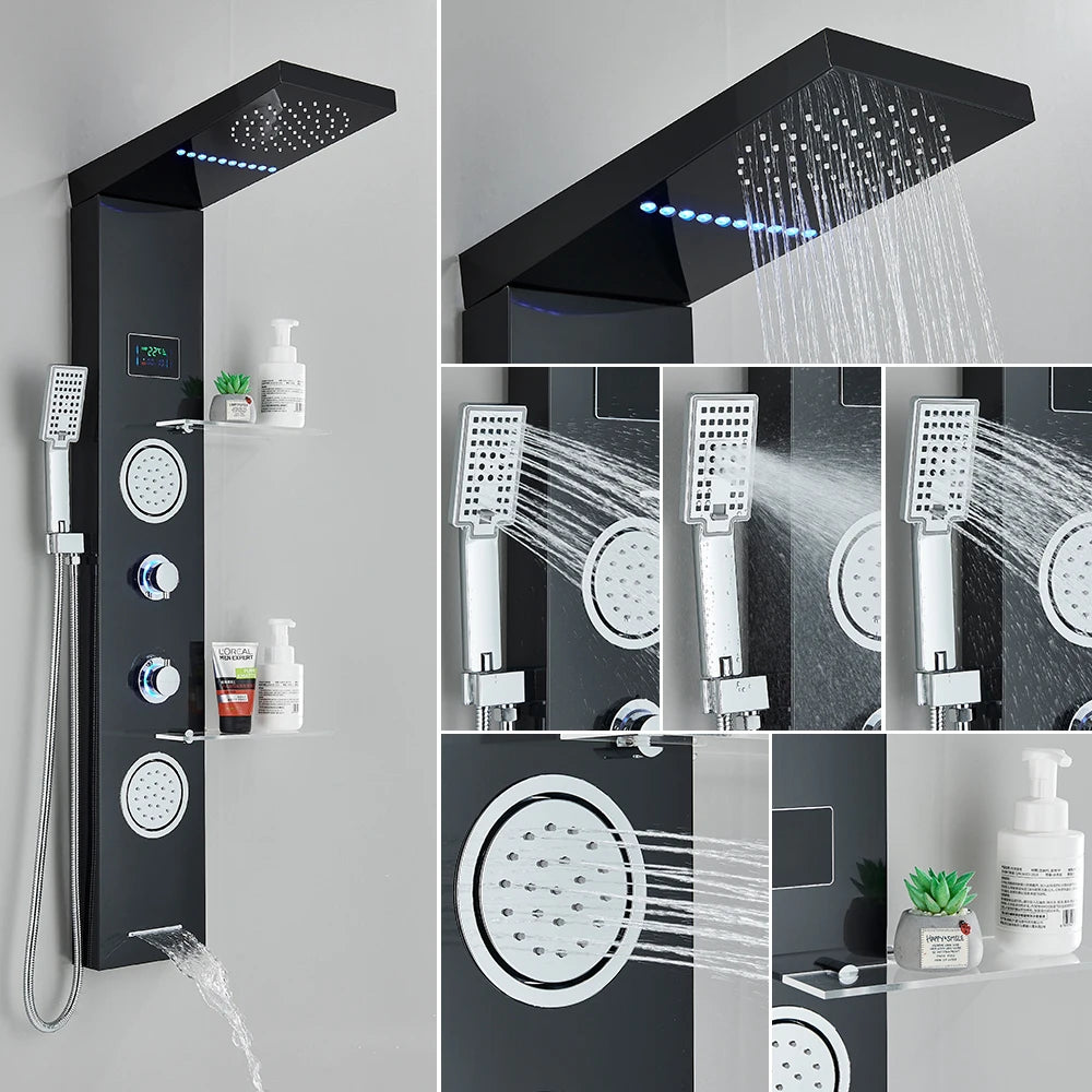 Black/Brushed Bathroom Shower Faucet LED Rainfall Head Shower Panel Set Bathtub Mixer Tap With Hand Sprayer Temperature Screen