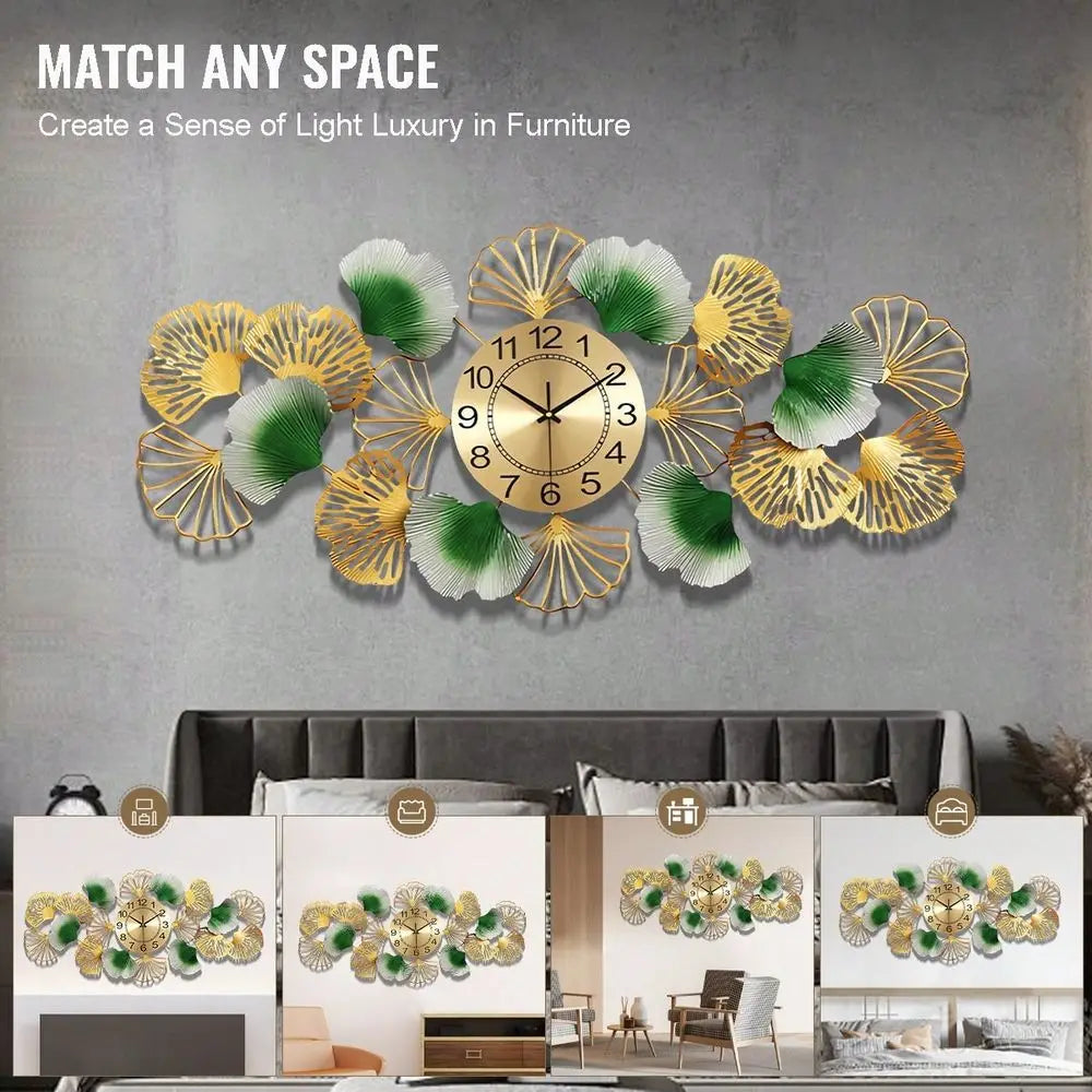 Large Wall Clock For Living Room With Silent Movement,3D Creative Metal Ginkgo Leaf Design Clock For Bedroom Dining Room Office