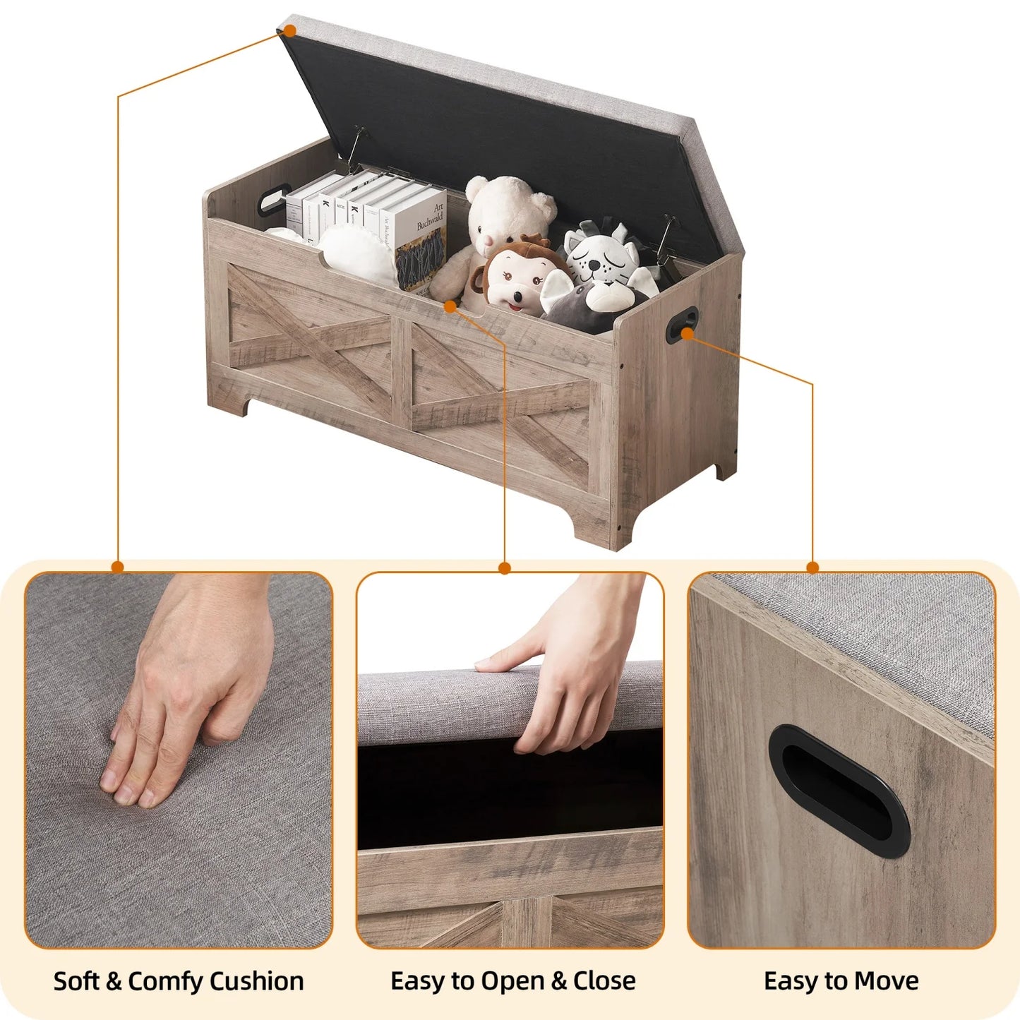 Storage Chest Wood Storage Bench with Seating and 2 Safety Hinge Farmhouse Entryway Bench with Storage for Bedroom Living Room