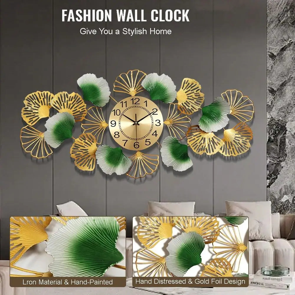 Large Wall Clock For Living Room With Silent Movement,3D Creative Metal Ginkgo Leaf Design Clock For Bedroom Dining Room Office