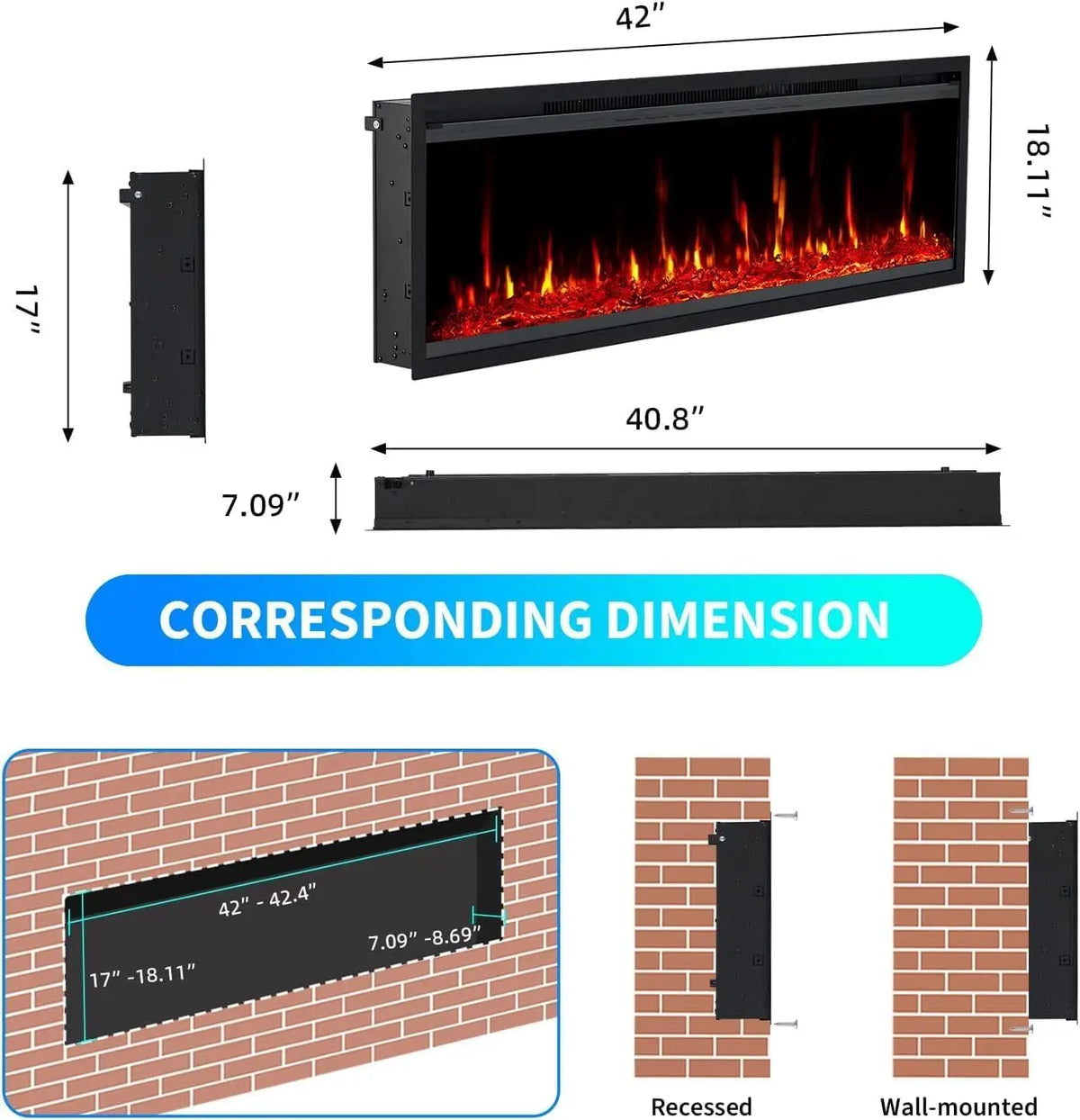 Electric Fireplace with Adjustable Flame Color, Linear Fireplace Heater w/ Remote Control with Timer and Touch Screen, 750/1500W