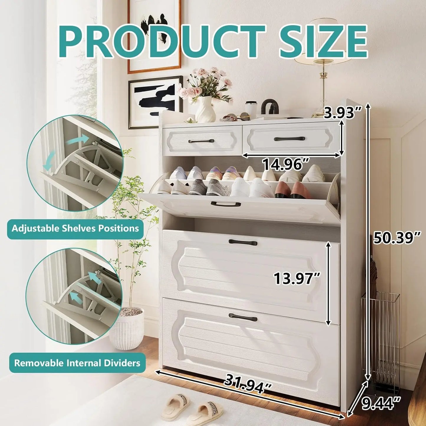 3-Drawer Flip-Top Slim Shoe Cabinet with 2 Storage Drawers Narrow Entryway Hallway Organizer, Custom