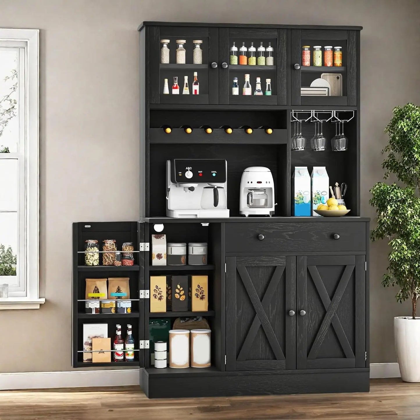 MOYU Kitchen Pantry Cabinet With Wine Rack And Power Outlet
