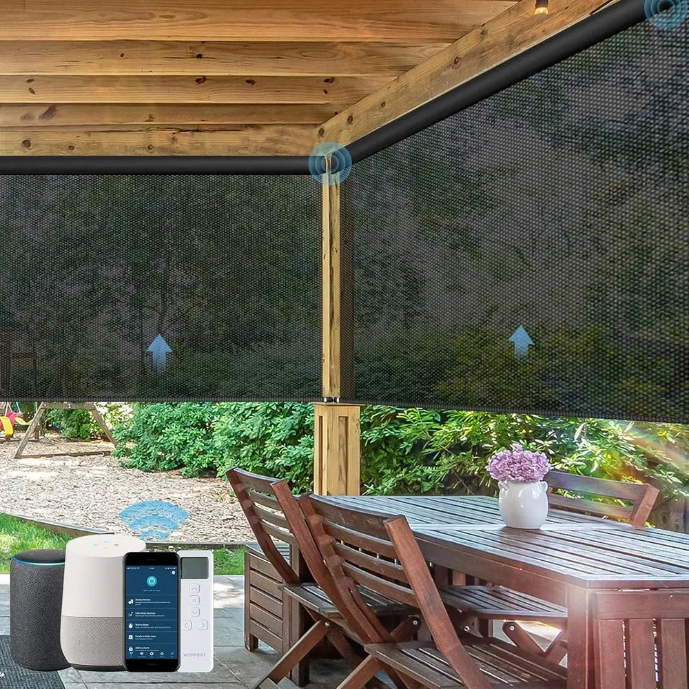 Motorized Outdoor Roller Shades,Patio Roll Up Blind Work with Alexa,Home,Homekit,Remote Control Sun Shade,Waterproo &Windproo Sm