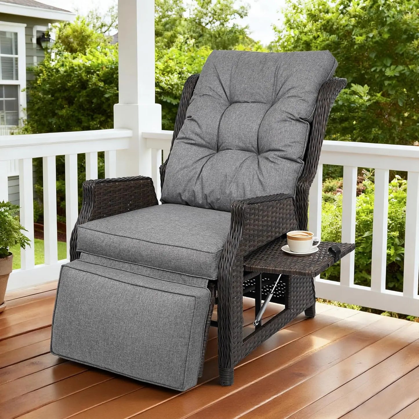 Outdoor Indoor Wicker Recliner with Adjustable Back and Footrest, Patio Reclining Chair with Flip-up Table, Outdoor, Custom