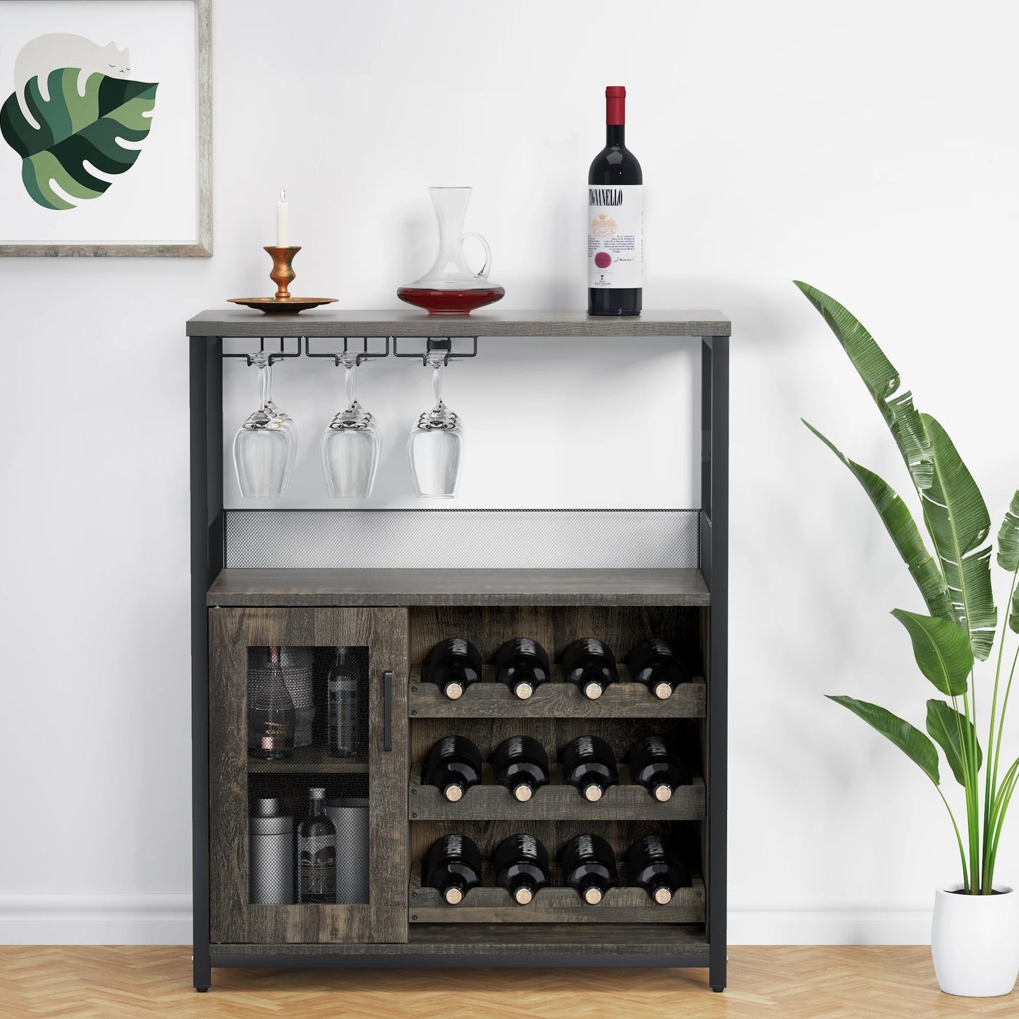 HiMISS Vintage 3 Tier Wine Bar Cabinet With Adjustable Shelves Glass Holders