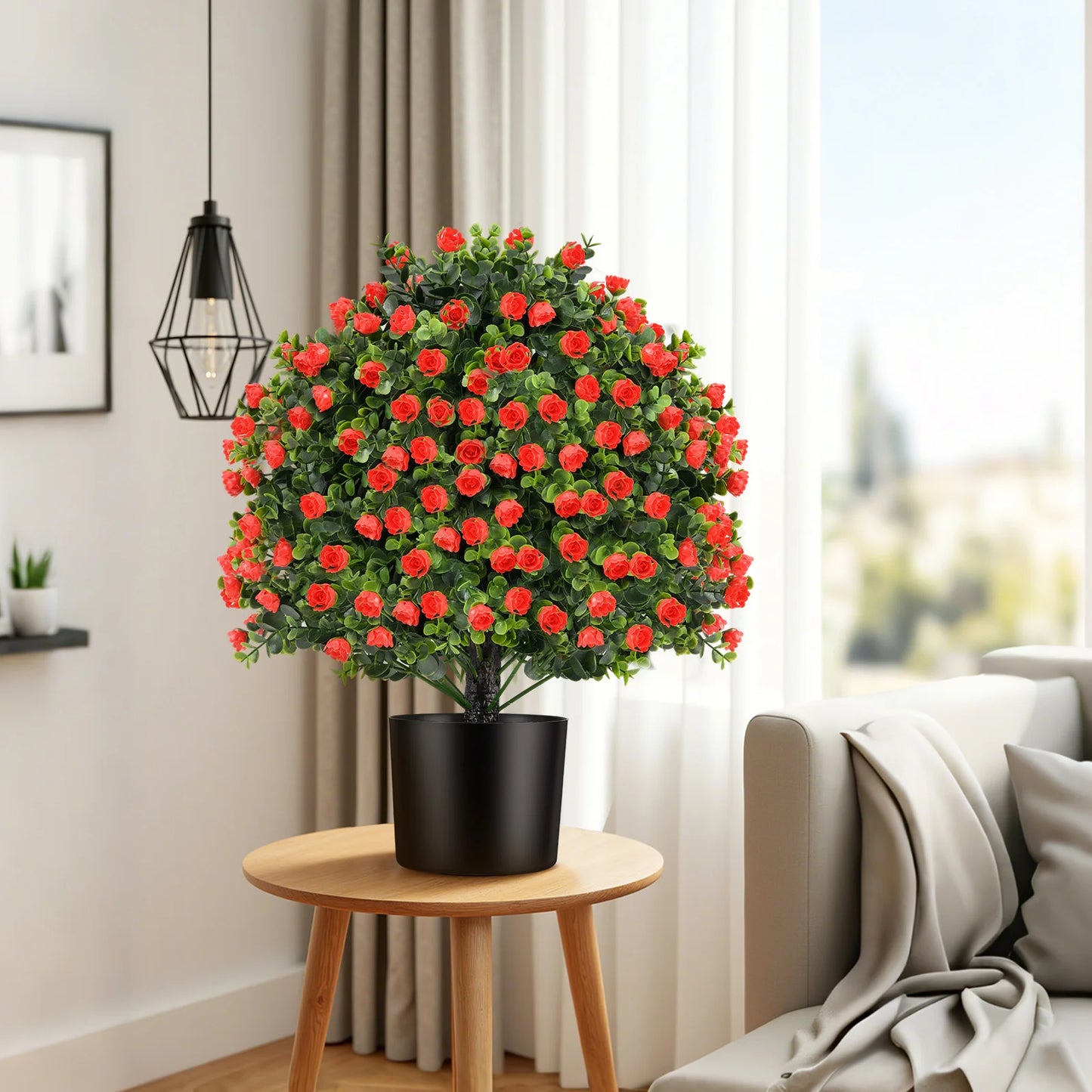 2 Pack Artificial Rose Topiary Ball Tree Faux Shrub Bushes w/ Flowers