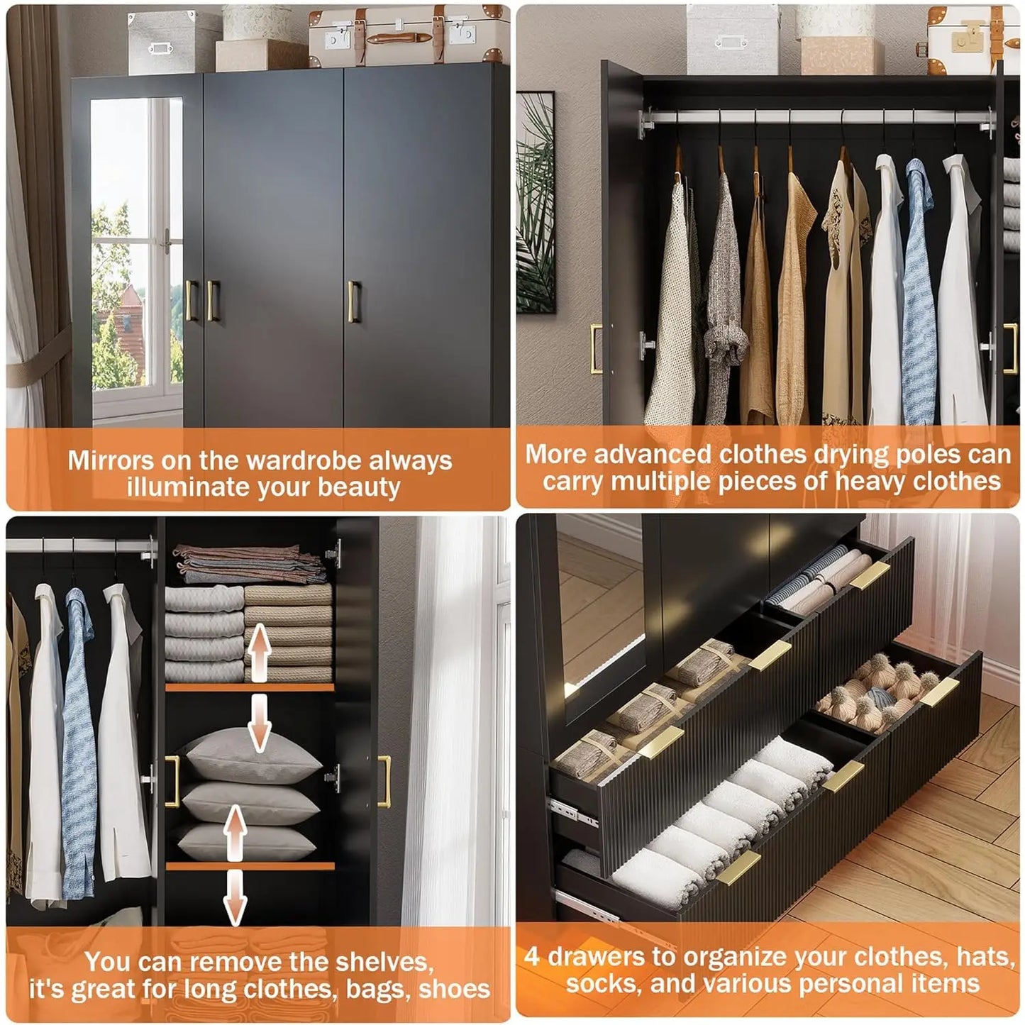 Minimalist Wardrobe Armoire With Mirror Hanging Rod Drawers
