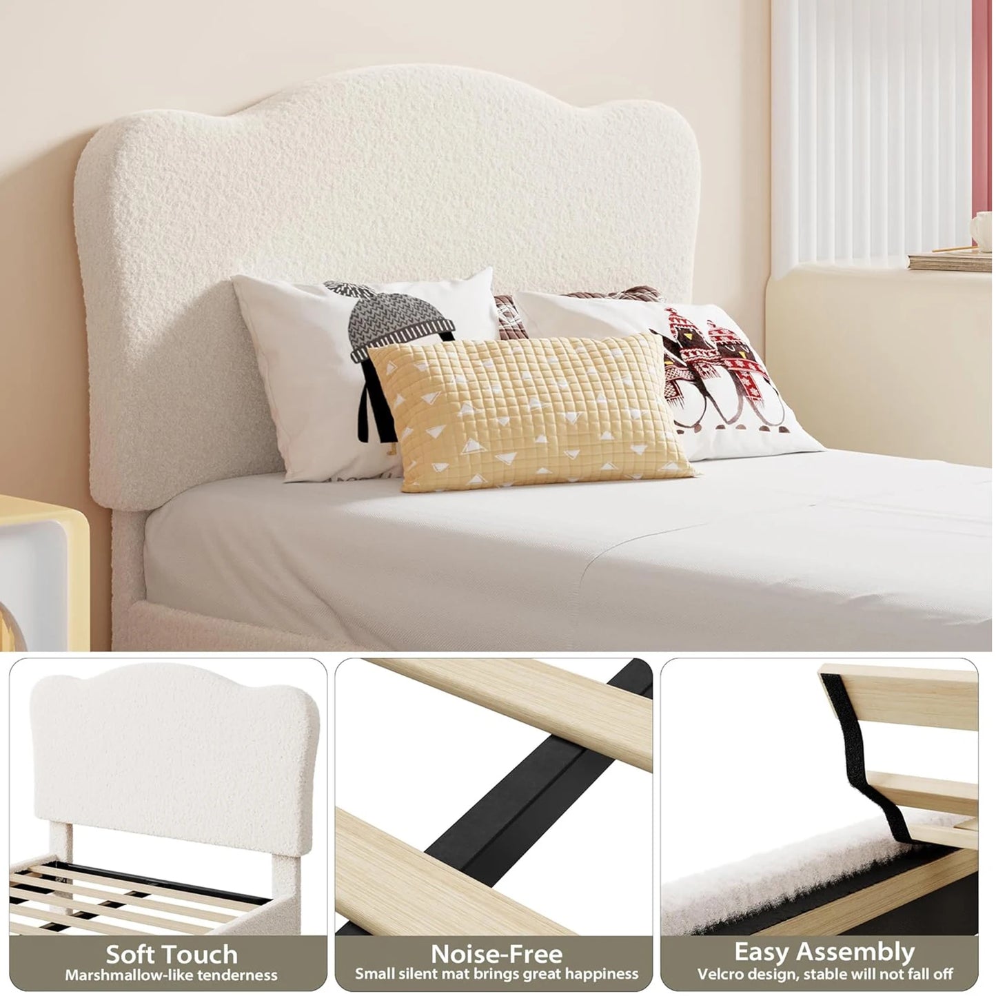 Upholstered Twin Size Bed Frame for Kids with Scallop Headboard, Cute Velvet Twin Bed, Sturdy Platform Bed, No Box Spring Needed