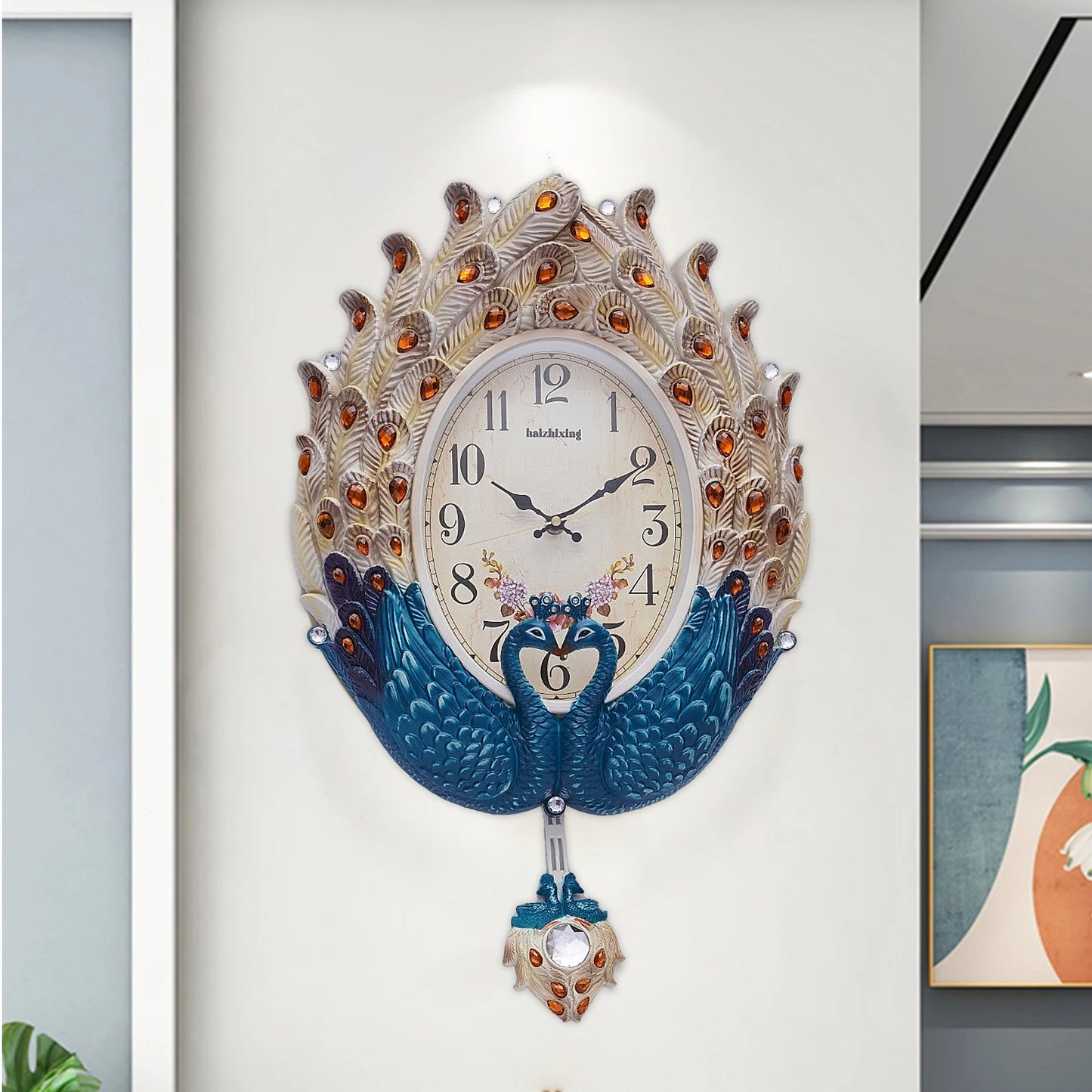 Blue Peacock Modern Wall Clock Silent Metal Pendulum Crystal Luxury