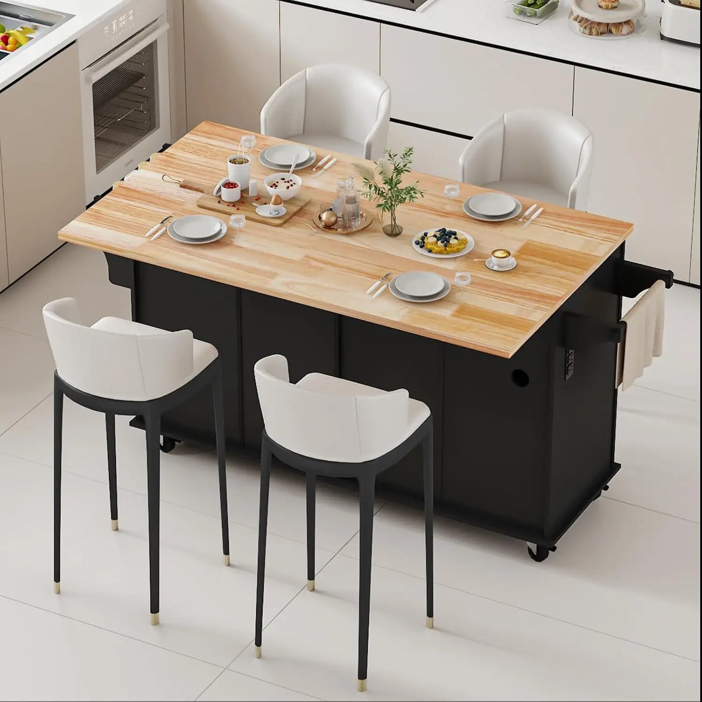 Movable Kitchen Island With Drop Leaf And Power Outlet Lockable