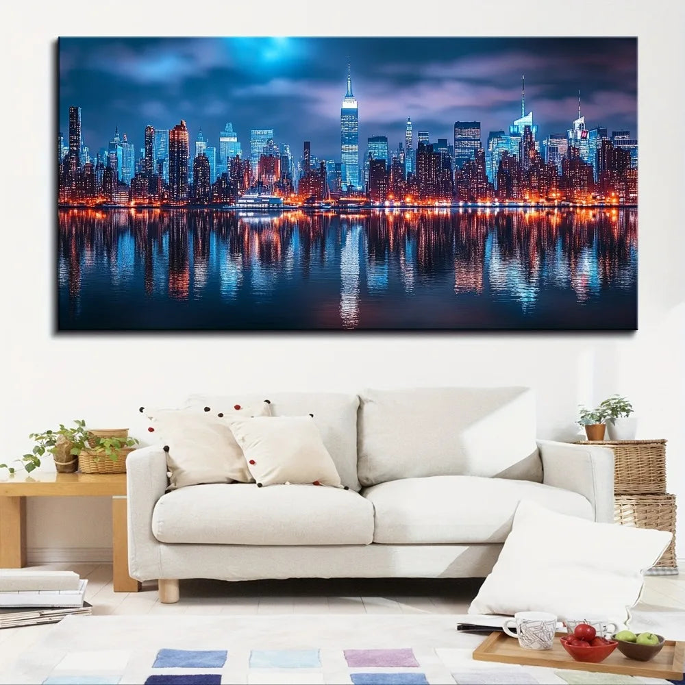 1.5 inch thick pine solid wood frame, New York night scene painting, reflections of tall buildings, interior decoration