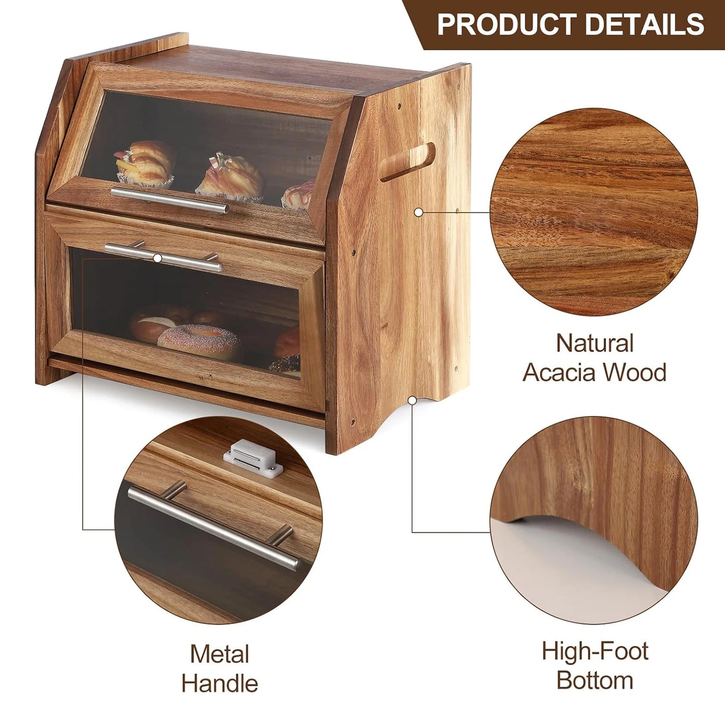 2 Layer Bread Box with Clear Windows, Wooden Bread Storage Container, Kitchen Countertop Bread Holder for Bread,Bagels and Rolls