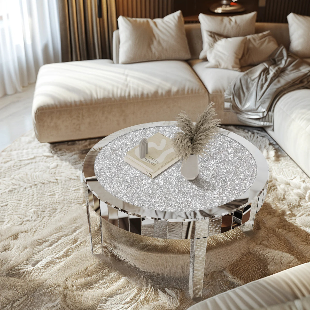 Modern Round Mirrored Coffee Table With Crystal Glass Inlay
