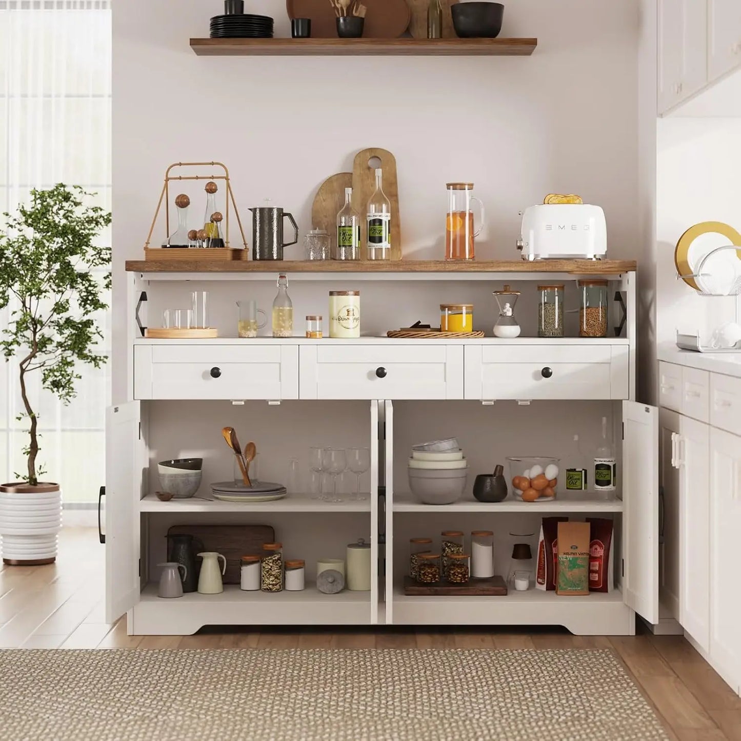 Farmhouse Buffet Cabinet With Drawers And Open Shelf Kitchen Hutch