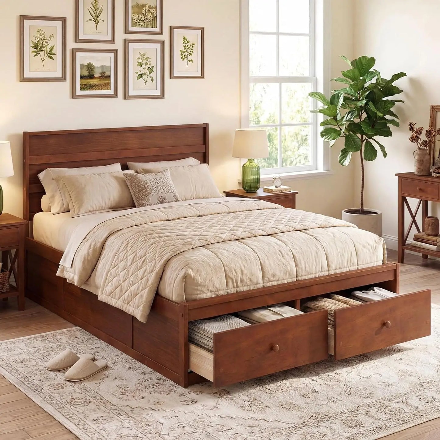 Full Storage Platform Bed Frame with Headboard Wooden Slat Support Enclosed Base No Box Spring Needed White Full, Custom