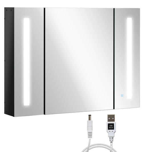 Led Medicine Cabinet Wall-Mounted Bathroom 3 Mirrored Door High Gloss Black