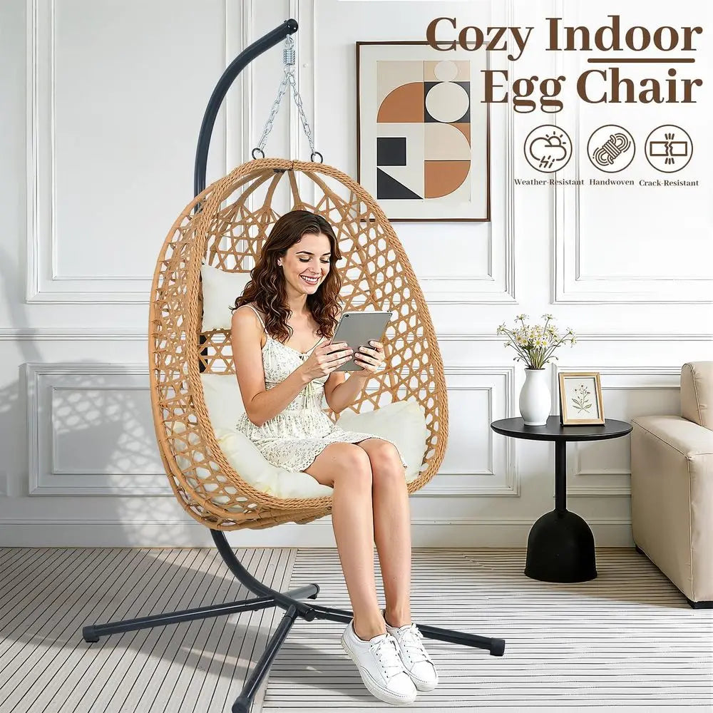 Hanging Egg Chair with Stand,All-Weather Rattan,330LBS ,Grey | Swing Chair with stand & thick cushions,330lb acity,rust-proo e,w