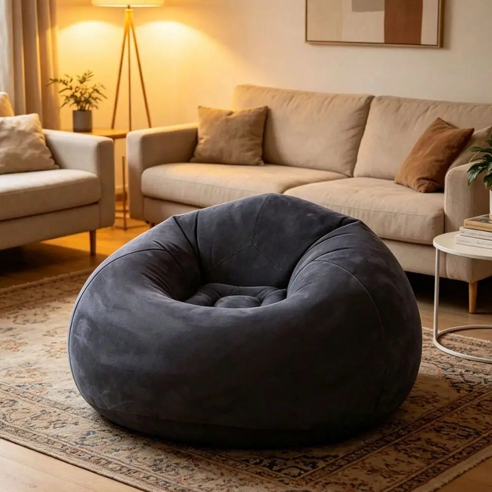 Blue Round Inflatable Single Sofa Chair, Comfort Inflatable Bean Bag Lounger For Indoor, Camping & Picnic