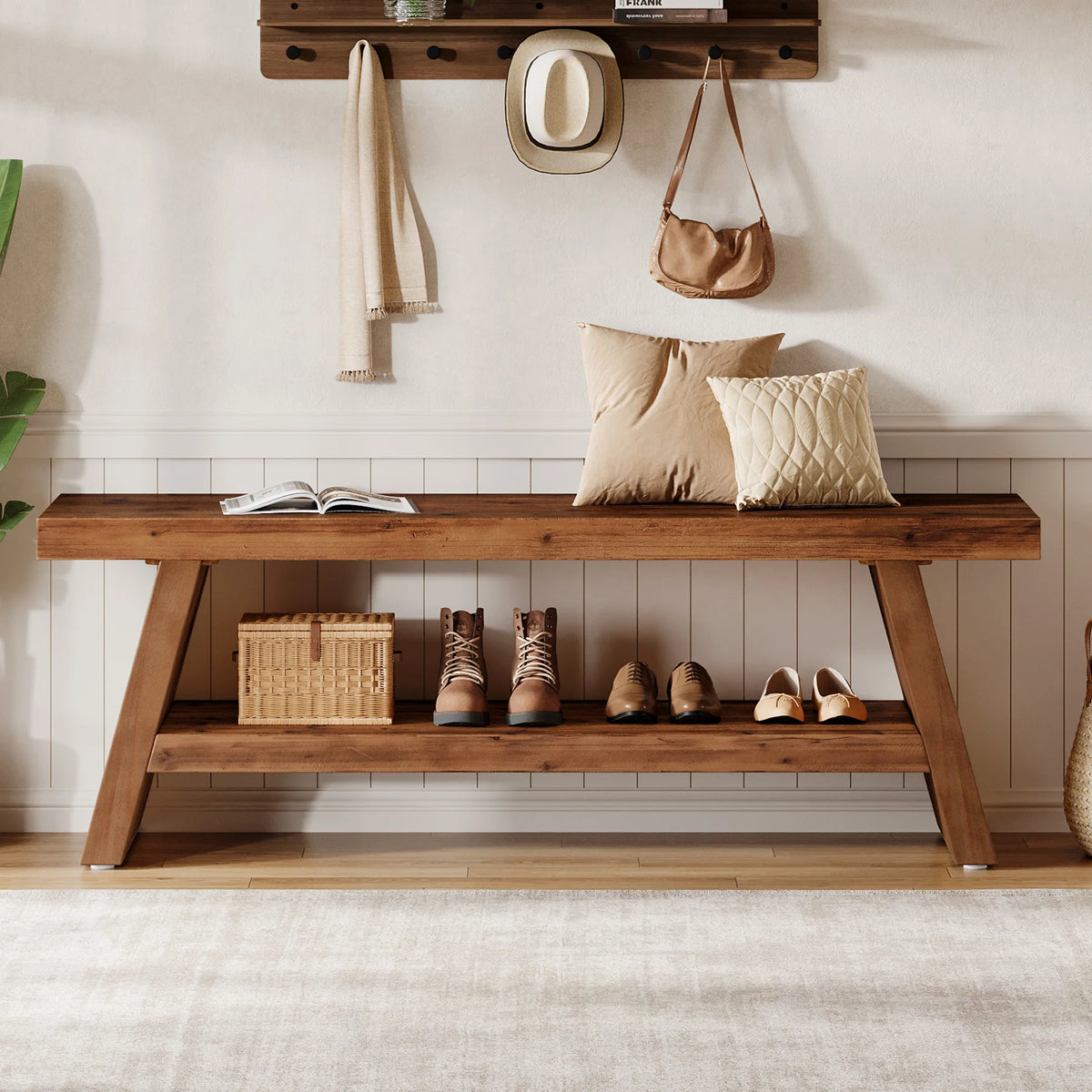 Tribesigns Two Tier Solid Wood Entryway Storage Bench