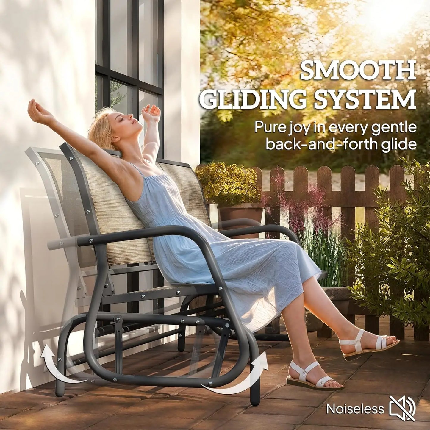 3-Seat Patio Glider Bench Outdoor Swing Breathable Mesh Metal Frame Light Brown Custom