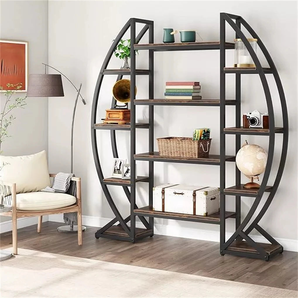 Wisfor Oval Bookshelf, Plant Stand 5 Tier Etagere Bookcase, Half-Moon Shaped Industrial Display Shelves for Living Room